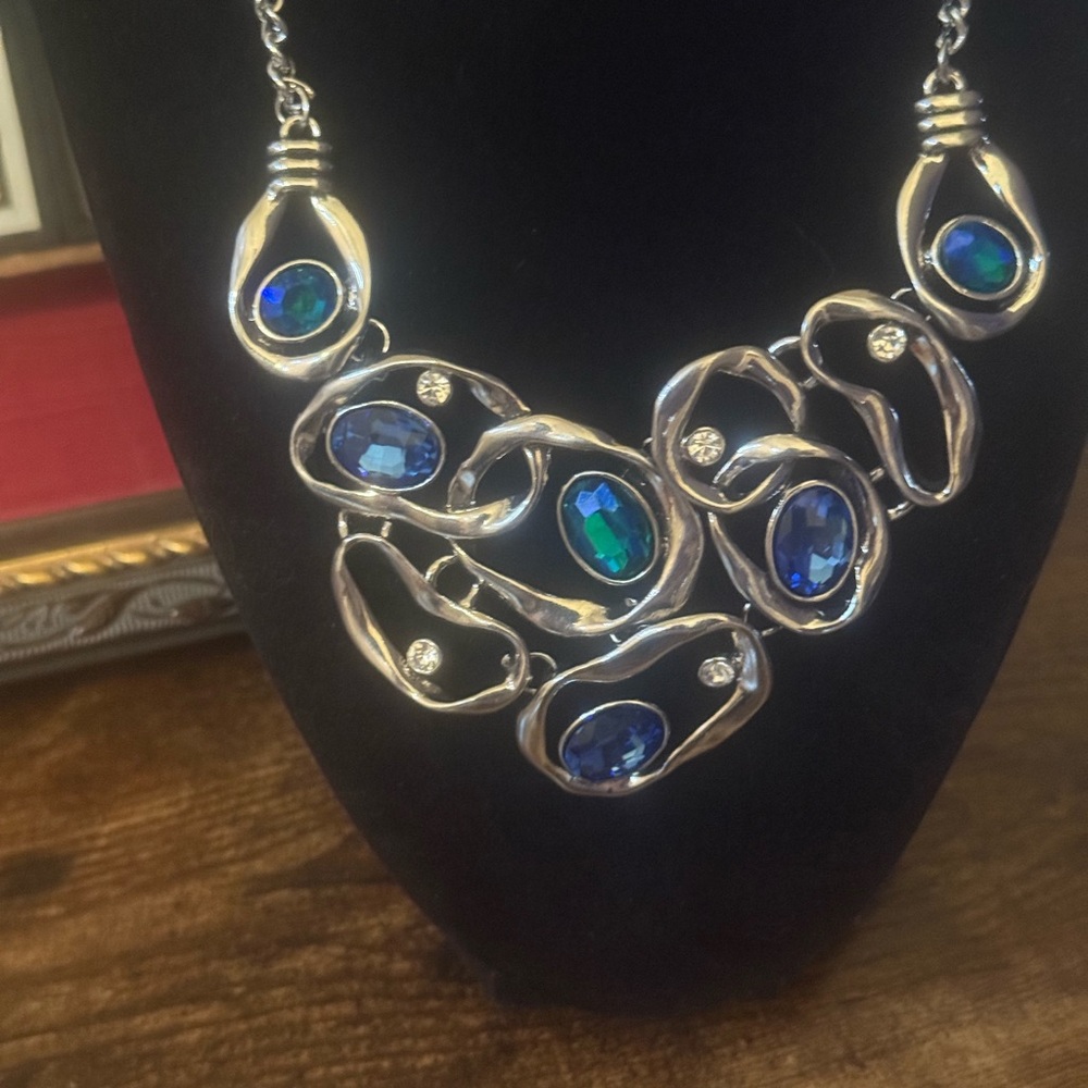 EUC Silver and Blue Statement Necklace - Picture 2 of 8